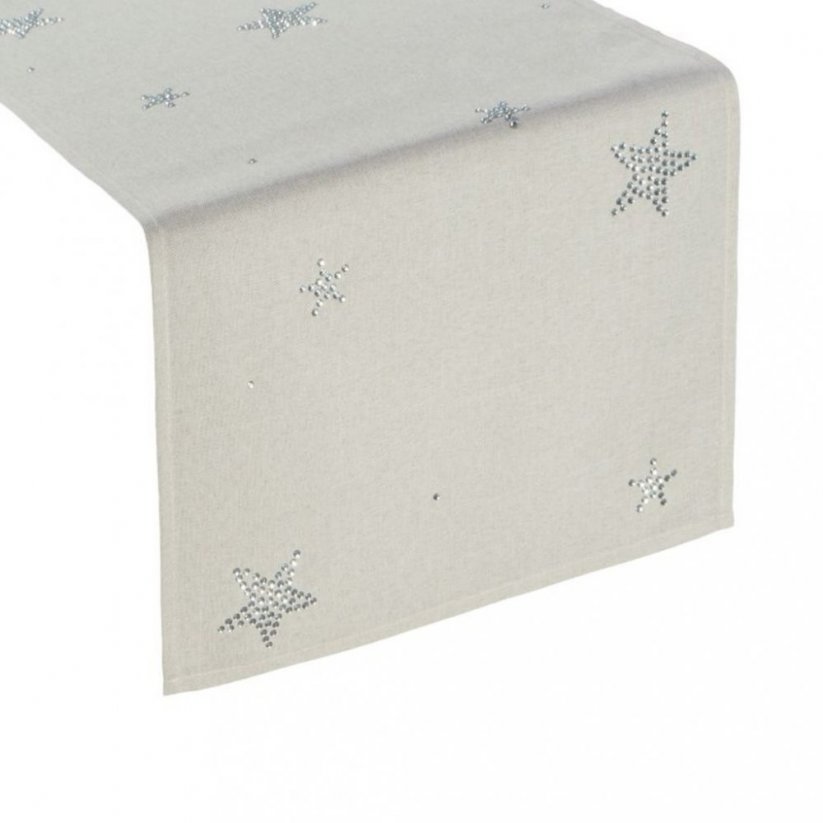 Elegantní béžový vánoční běhoun na stůl s lesklými hvězdami - Rozměr: 35x140