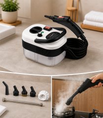 Aparat de curățat cu abur alb-negru de 2500 W pentru bucătărie, baie, geamuri și tapițerie, cu accesorii