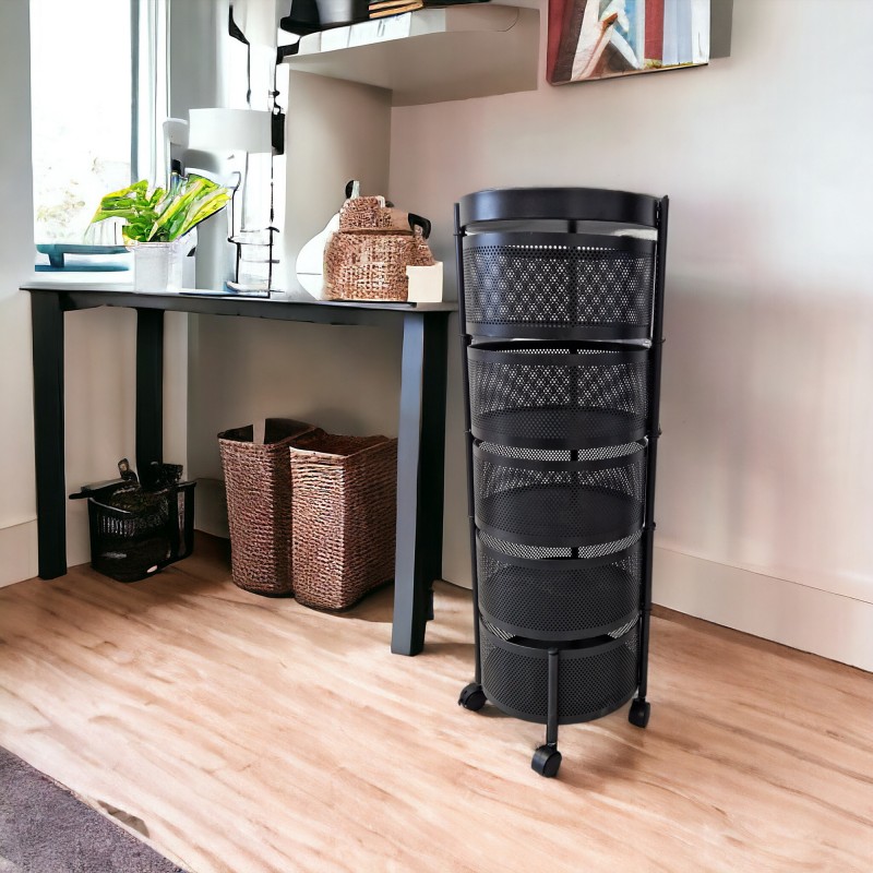Regál s košíkmi v čiernej farbe na kolieskach 
