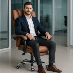 Komfortabler Bürosessel mit Fußstütze und Massage - braunes Öko-Leder