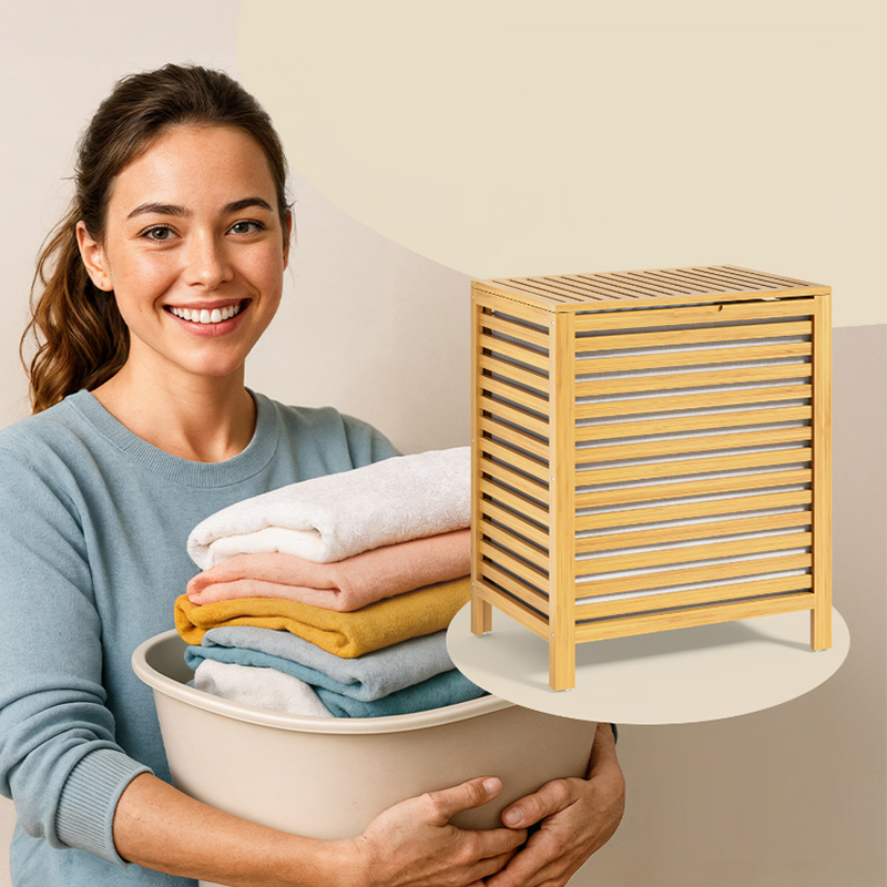 62 l-es bambusz szennyeskosár kivehető pamutzsákkal és fedéllel