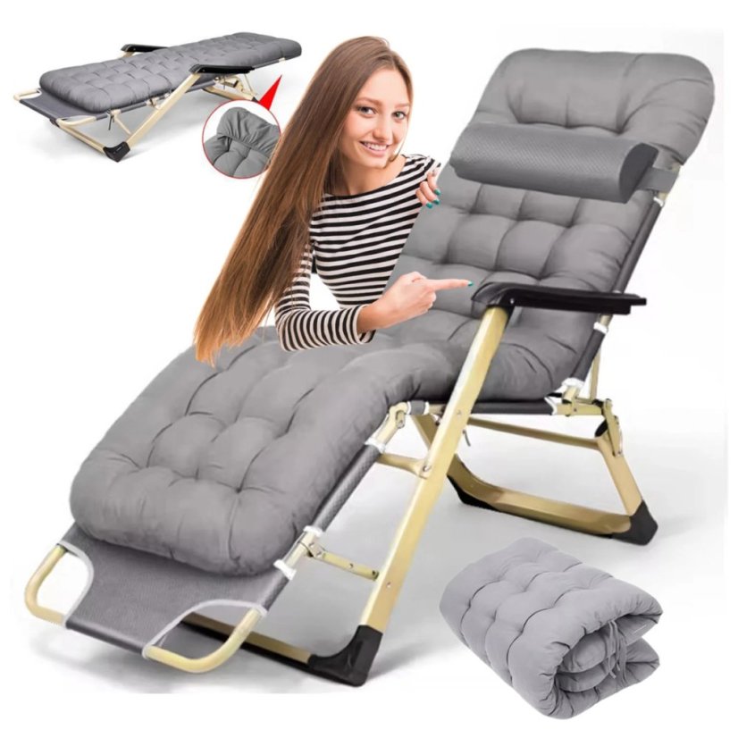 Zlaté zahradní lehátko s polštářem v šedé barvě