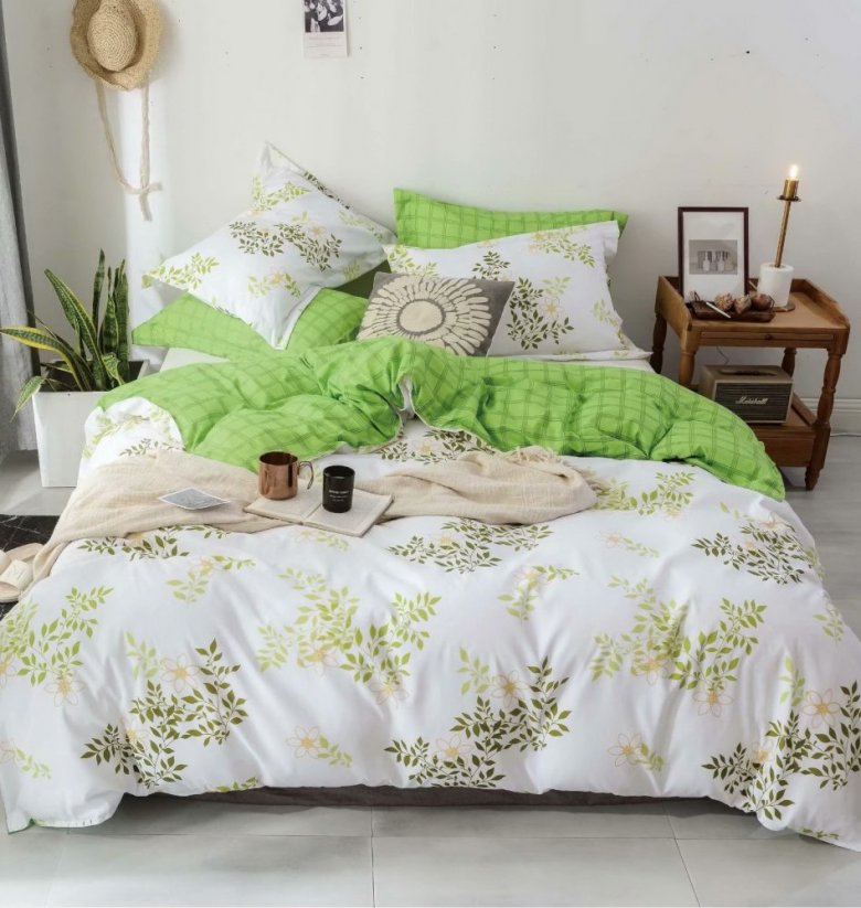 Lenjerie de pat verde cu două fețe, cu un motiv de frunze
