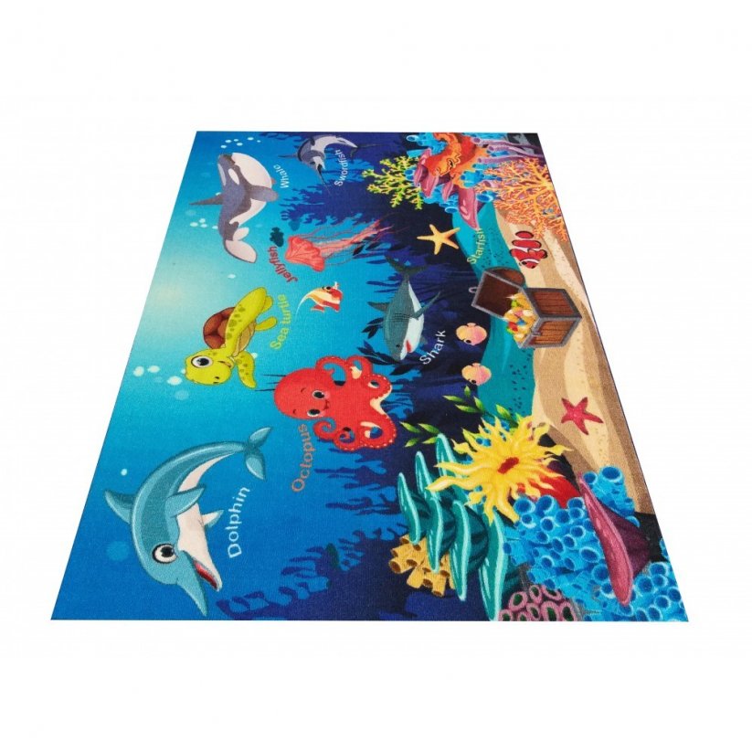 Phänomenaler blauer Kinderteppich mit Motiv der Unterwasserwelt