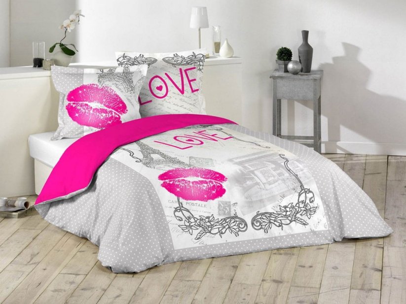 Sivé obliečky na posteľ s ružovou pusinkou 200 x 220 cm