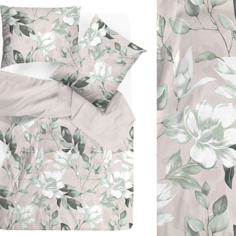 Prémiové bavlněné ložní prádlo - béžové se zelenými květy