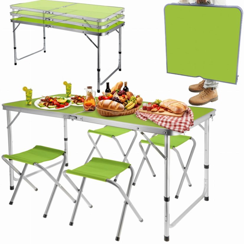 Skládací kempingový set zelený - stůl + 4 židle