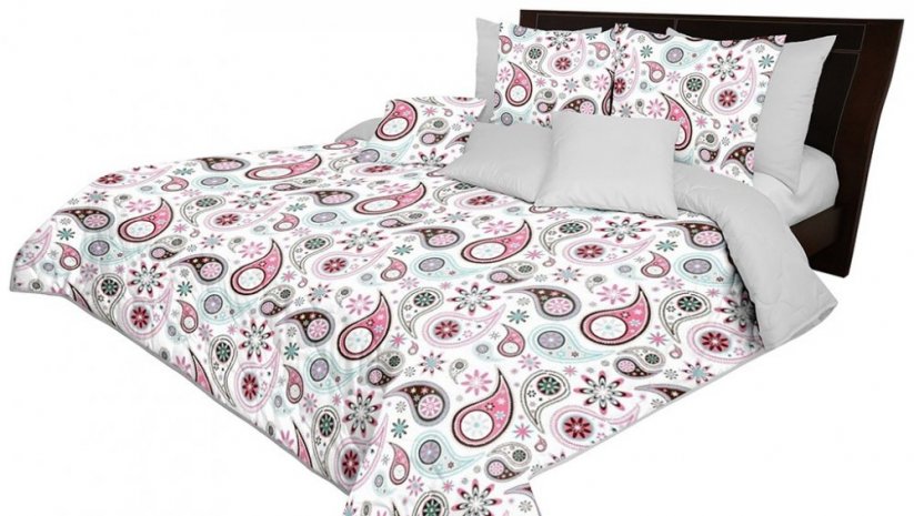 Cuverură de pat de calitate cu două fețe, albă cu model roz