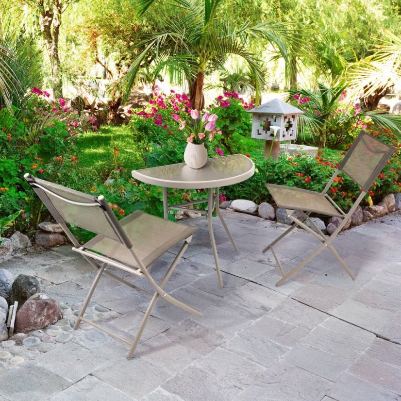 Pologuľatý balkónový stolík béžový – sklenený s kovovou konštrukciou