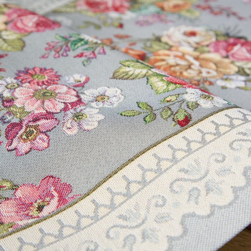 Siv tapiserijski prt z romantičnim tkanim cvetličnim vzorcem