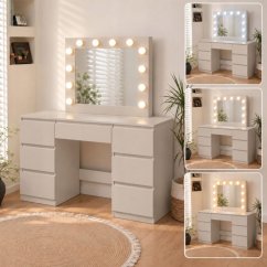 Velký kosmetický stolek s LED zrcadlem a 7 zásuvkami – kašmírový