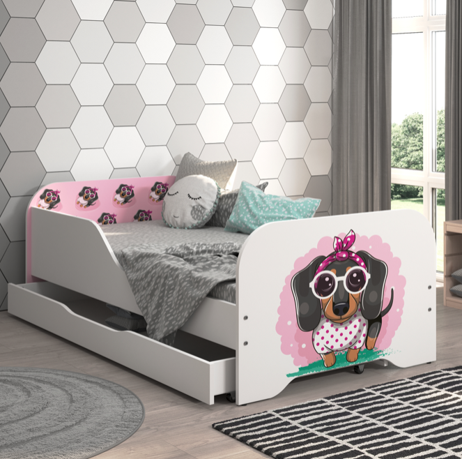 Kompletná detská posteľ 140 × 70 cm s matracom a roštom s motívom ružového jazvečíka