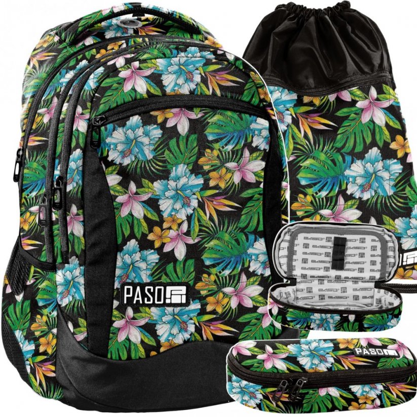 Čierna školská taška s kvetinovým motívom