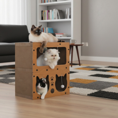 Kétszintes macskakaparó házzal, elegáns fa dekorációban