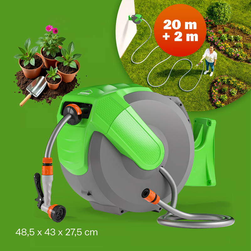 Avvolgitubo automatico GARDEBRUK® con ugello e supporto girevole - 20 m + 2 m