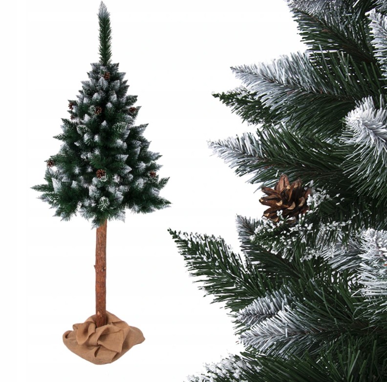 Luxuriöser, leicht schneebeflockter künstlicher Tannenbaum mit Zapfen auf einem Stamm von 180 cm