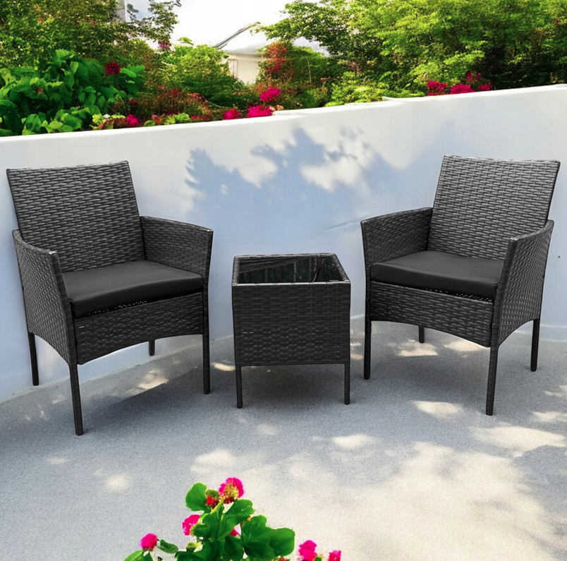 Set in rattan con tavolo e 2 poltrone - grigio + cuscini antracite
