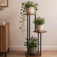 Fém virágtartó – 3 emeletes, loft stílusú növényállvány MDF polcokkal, 78 cm