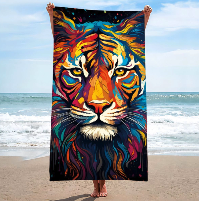 Strandtörülköző színes tigris - egzotikus motívum, gyorsan száradó 100x180 cm