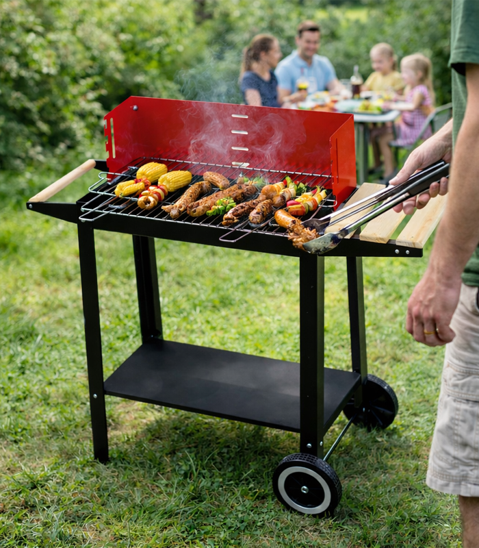 Kerekes kerti faszenes grill kerekekkel és polcokkal 87 x 35 x 80 cm