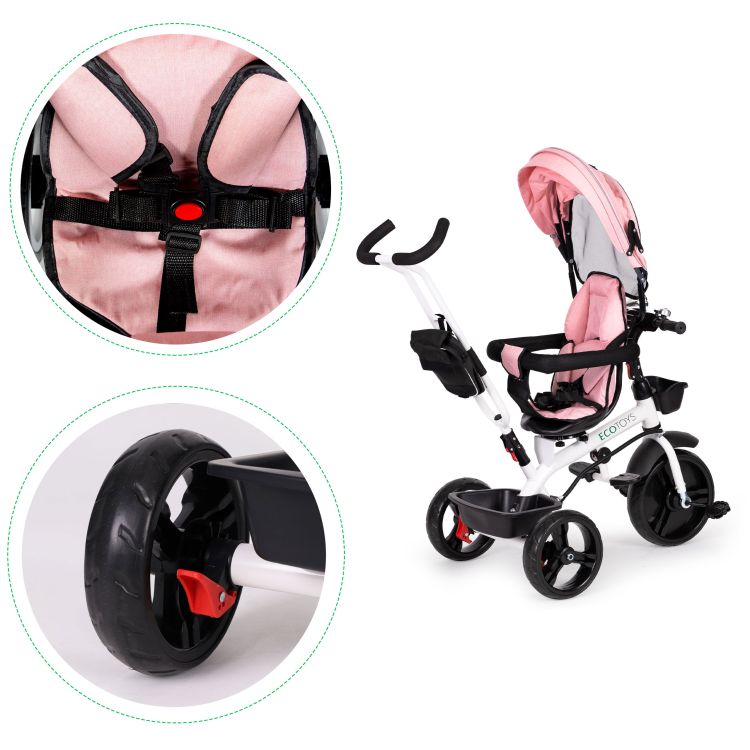 Růžová otočná tříkolka se střechou ECOTOYS