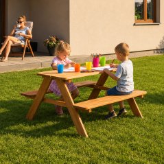 Tavolo da picnic per bambini con panche, legno naturale, 90 × 90 cm