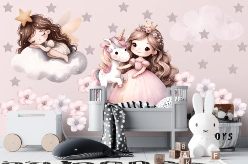 Samolepka na zeď do dětského pokoje, školky a jeslí - princezna a jednorožec