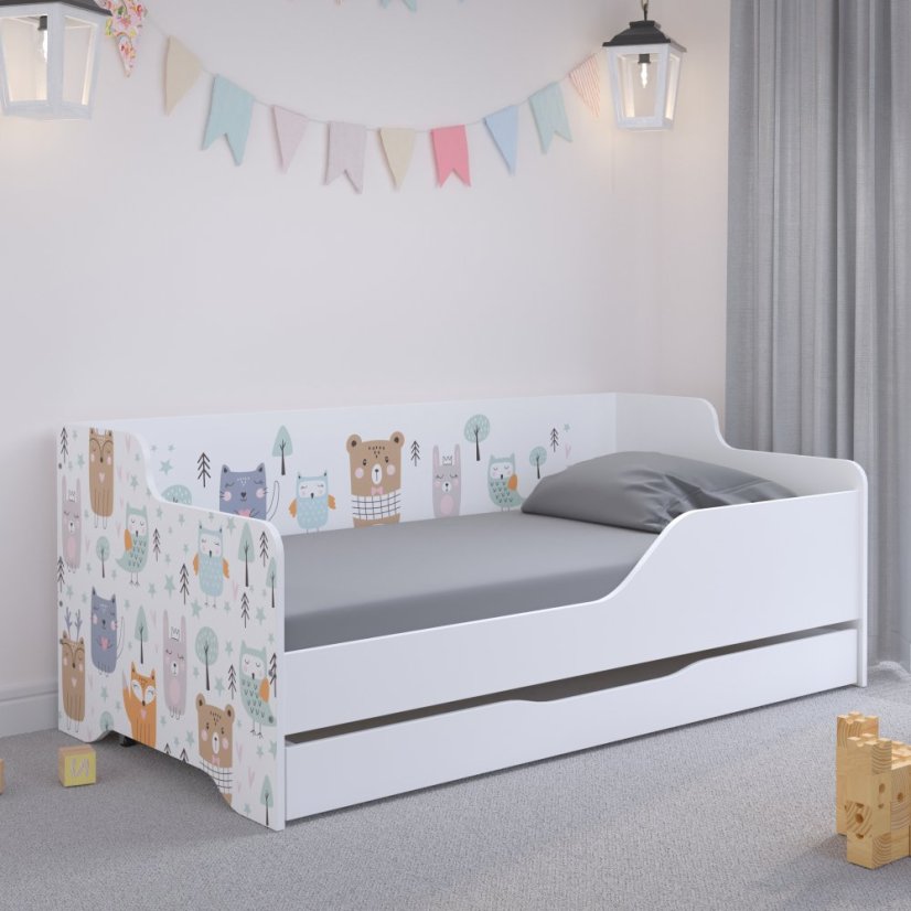 LILU Fehér gyerekágy háttámlával 160 x 80 cm - Állatos mintával