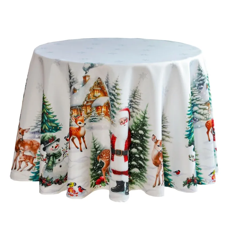 Vianočný obrus – biely so vzorom Santa Clausa, sobov a zimnej krajiny
