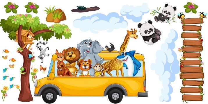 Autocolant pentru copii animale safari vesele într-un autobuz - Mărimea: 80 x 160 cm