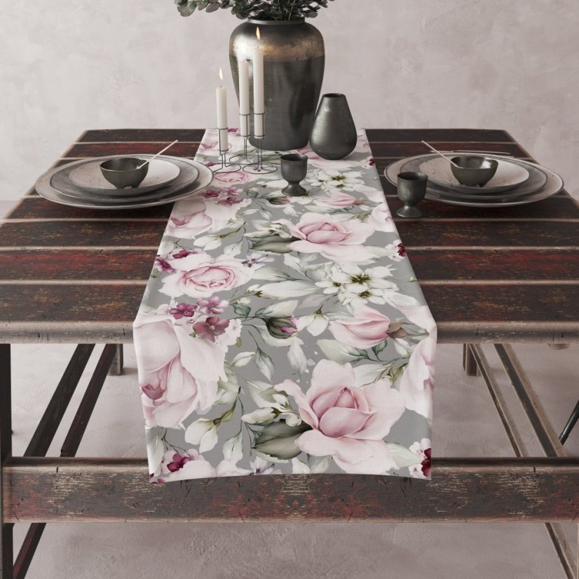 Asztali futó bazsarózsa nyomtatással szürke színben
