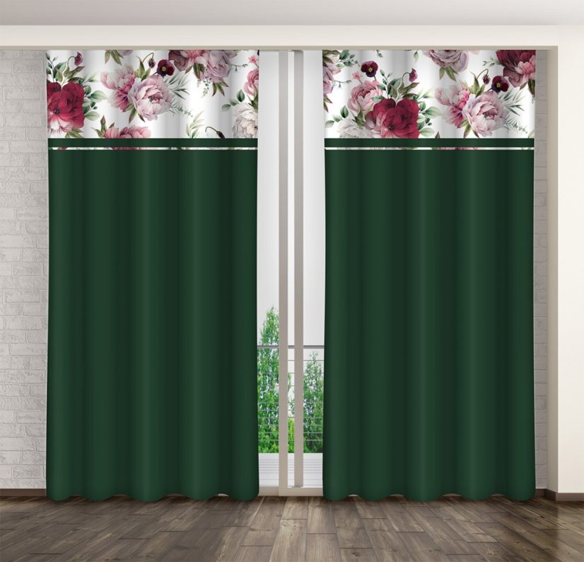 Jednoduchý tmavozelený záves s potlačou ružových a bordových pivónií 
