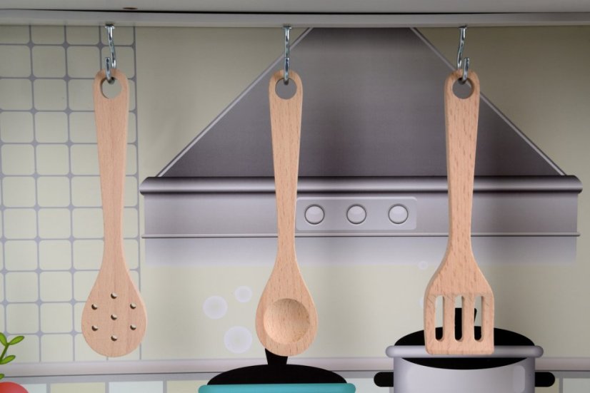 Drevená detská kuchynka s LED osvetlením, doplnkami a zvukovými efektmi