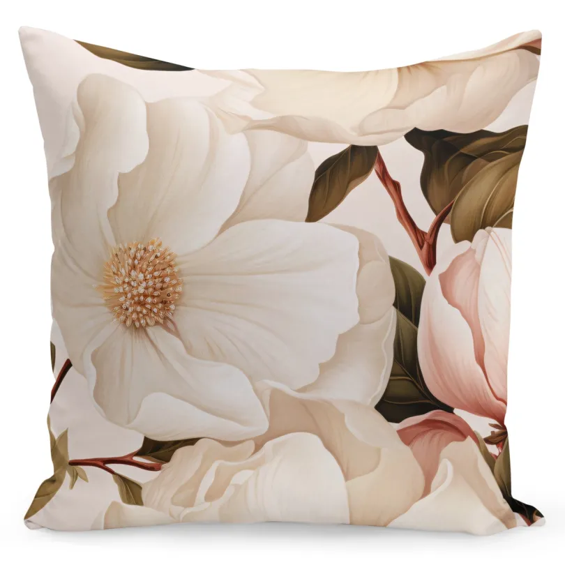 Dekoračná obliečka na vankúš v krémovej farbe s jemným vzorom pivónii