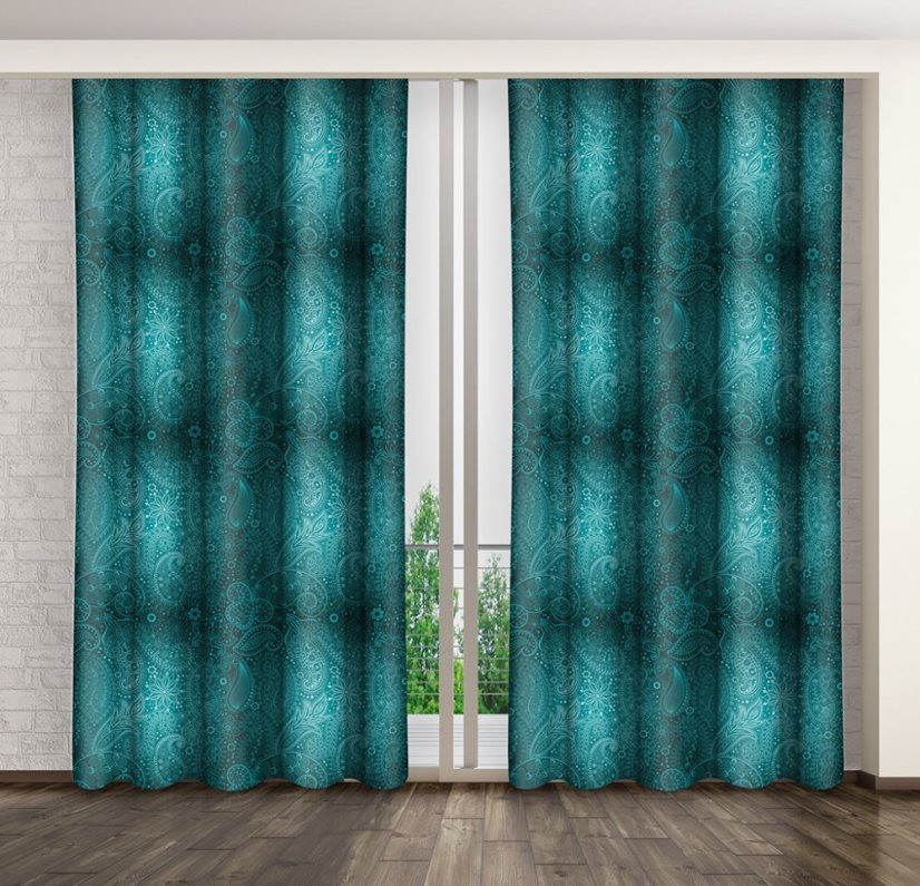 Vzorované závesy tyrkysovej farby