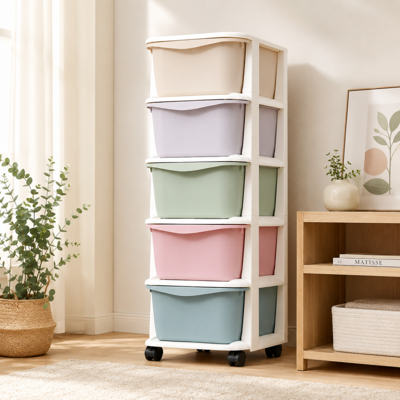 Plastový regál s 5 pastelovými zásuvkami na kolečkách – úložný organizér, 98 cm