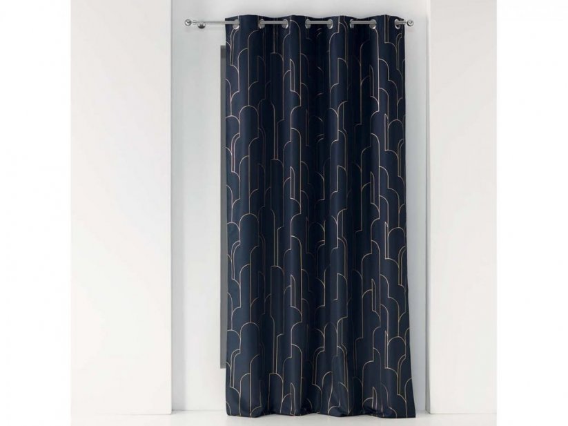 Unikatna temno modra zavesa na krožnem vzmetenju z zlatim vzorcem 140 x 260 cm