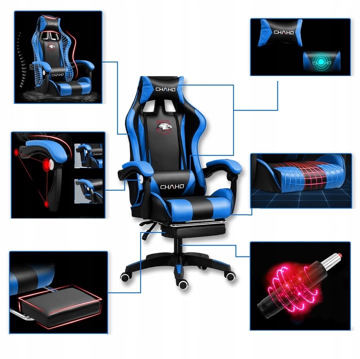 Comoda sedia da gaming con cuscino nero e blu