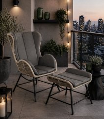 Zahradní křeslo s podnožkou – sada z technoratanu s polštáři na terasu a balkon