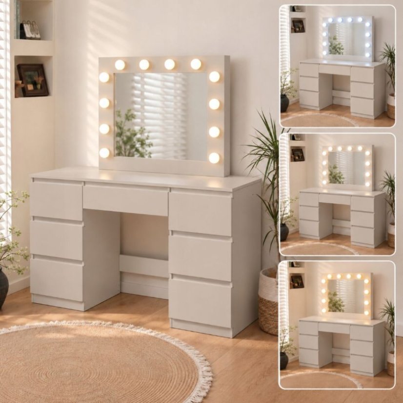 Velký kosmetický stolek s LED zrcadlem a 7 zásuvkami – kašmírový
