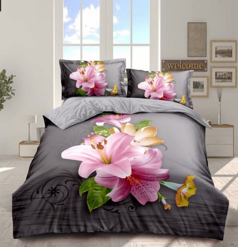 3D posteľné obliečky sivej farby s kvetmi 