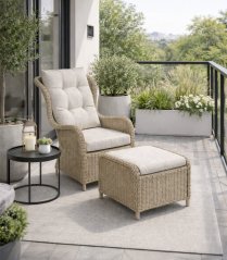 Fotoliu de grădină din ratan pentru relaxare, cu suport pentru picioare