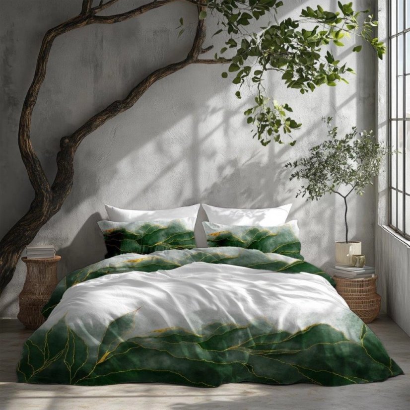 Cearșafuri din bumbac satinat cu model abstract verde-auriu - Mărimea: 3 časti: 1ks 220x200 + 2ks 70x80