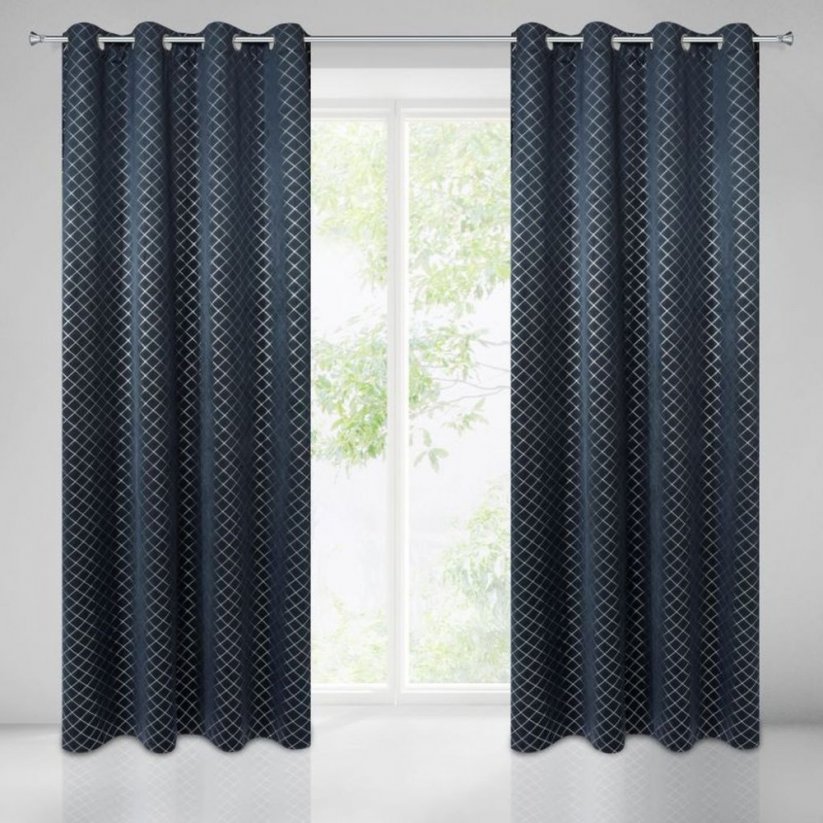 Temno modra zavesa za kroge z geometrijskim motivom 140 x 250 cm