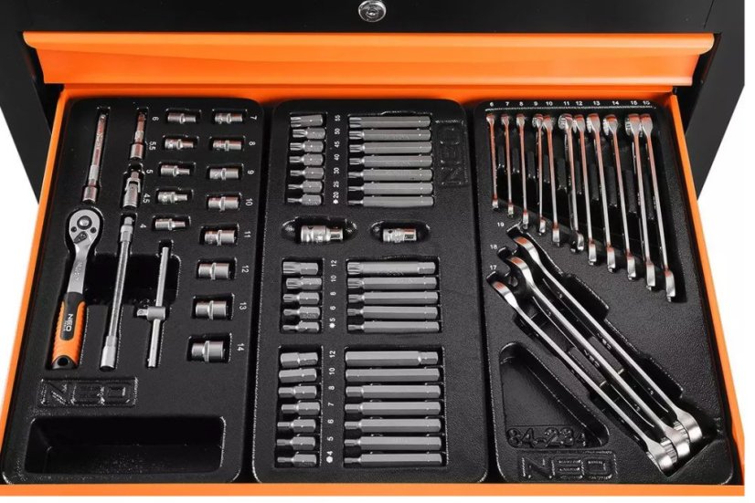 Skrinka na náradie NEO TOOLS s 5 zásuvkami a 117-dielnou sadou – profesionálny dielenský box