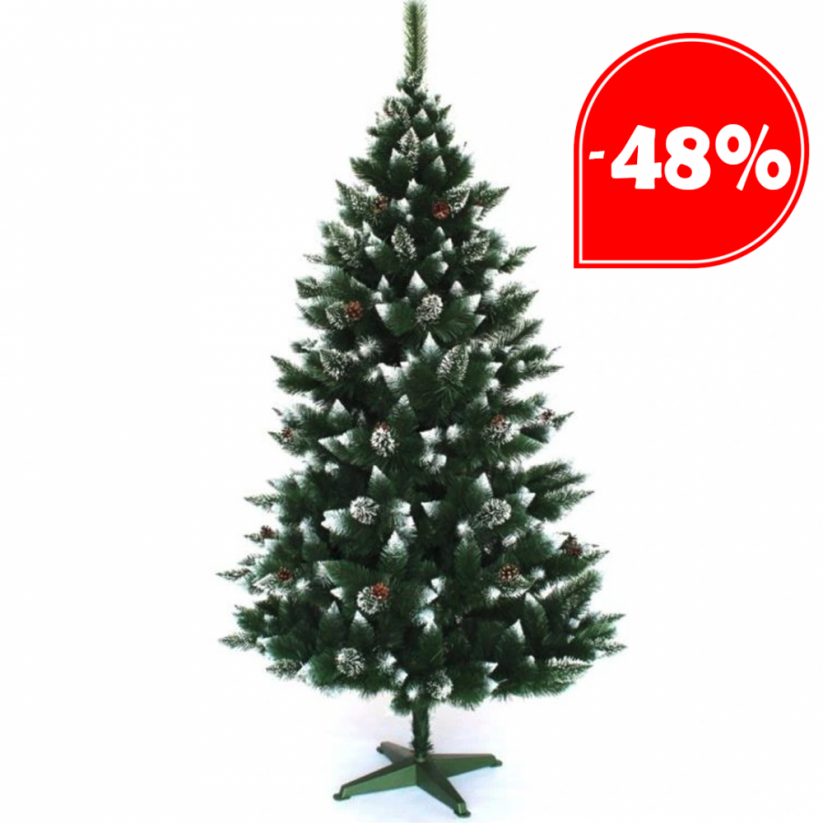 Un magico albero di Natale leggermente innevato e decorato con pigne 220 cm
