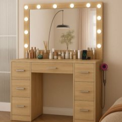 Veľký kozmetický stolík s osvetlením 80 × 40 × 110 cm – hnedý toaletný stolík