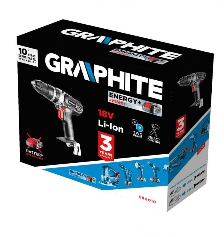 Mașină de înșurubat cu burghiu fără fir cu driver cu impact Energy + 18V, Li-Ion, fără acumulator 58G010 GRAPHITE