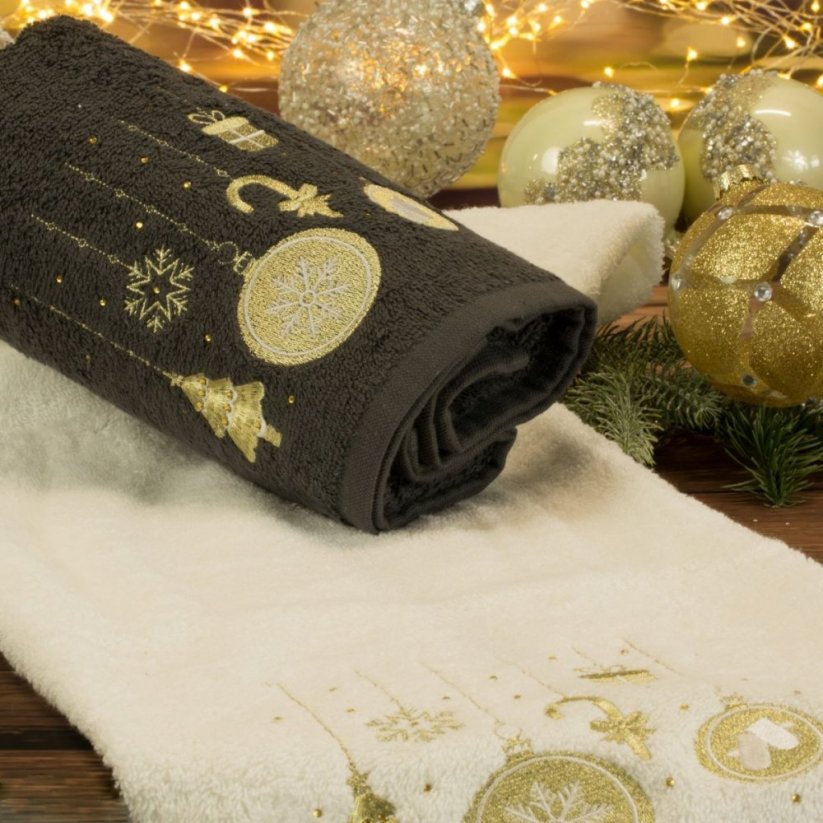 Bavlnený vianočný uterák čierny s vianočnými ozdobami