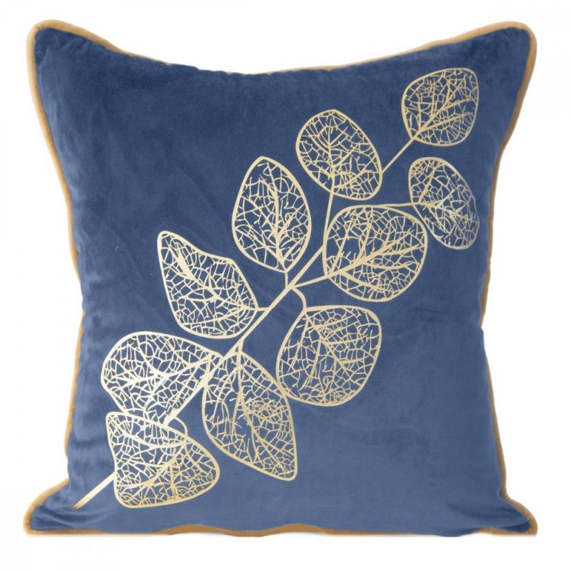 Modrá dekoračná obliečka na vankúš s glamour motívom ginkga 45 x 45 cm 